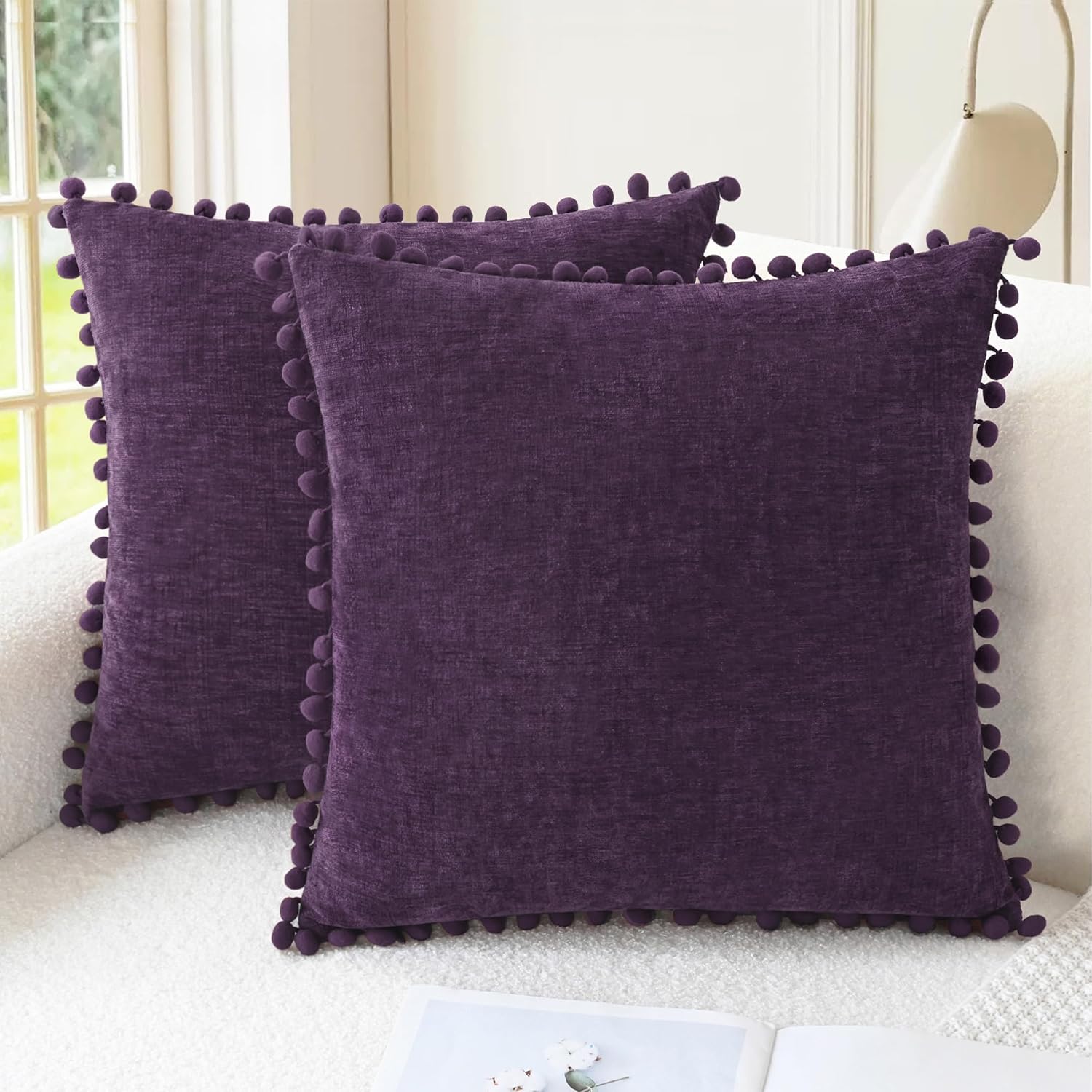 Apricot Brown Chenille Pillow Covers with Pom Poms