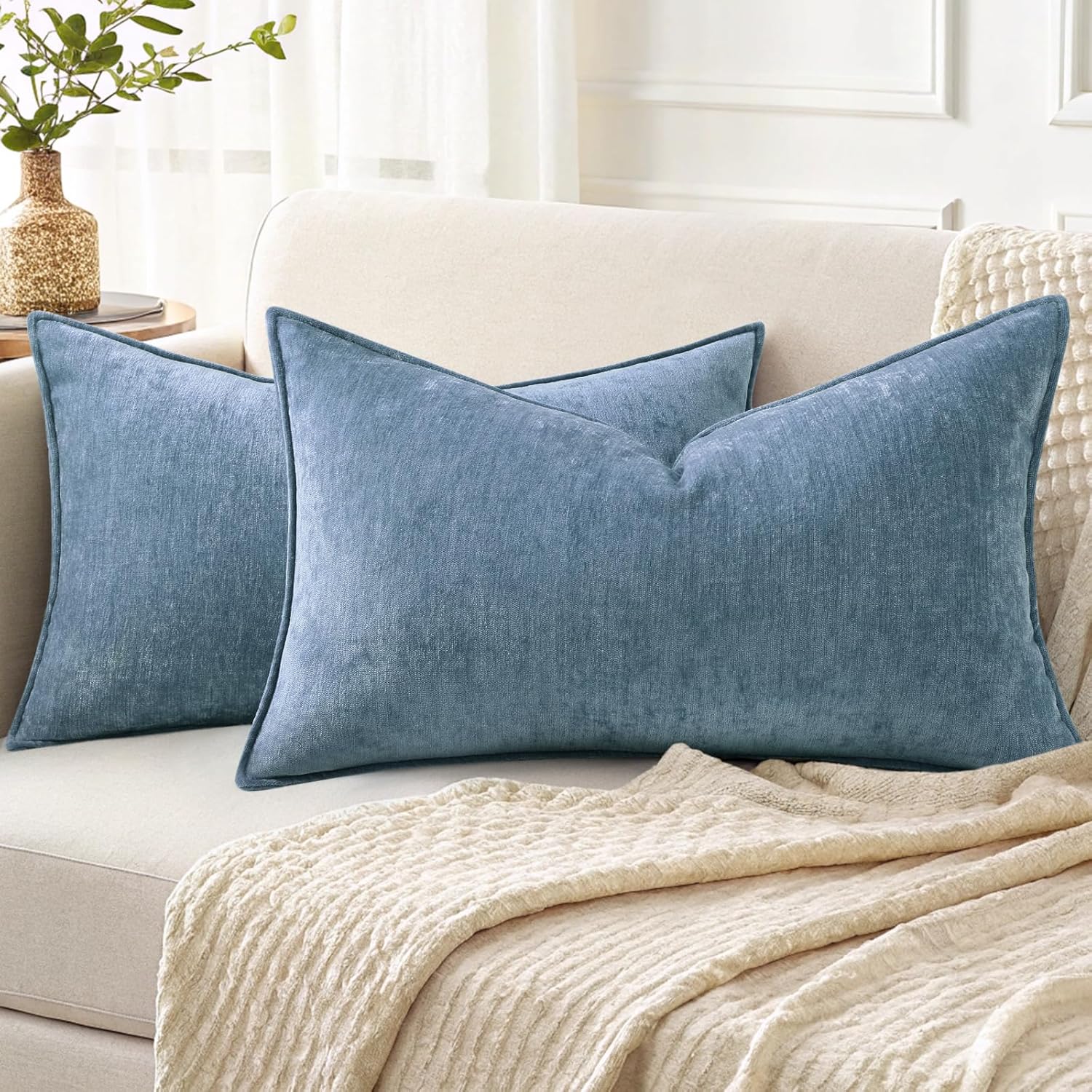 Beige Chenille Throw Pillow Covers Set of 2
