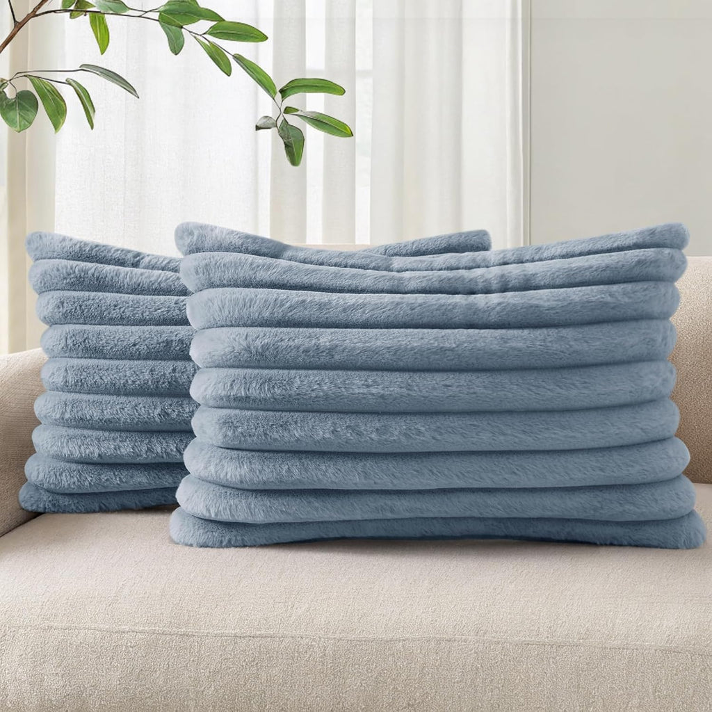 Cream White Striped Faux Fur Pillow Covers