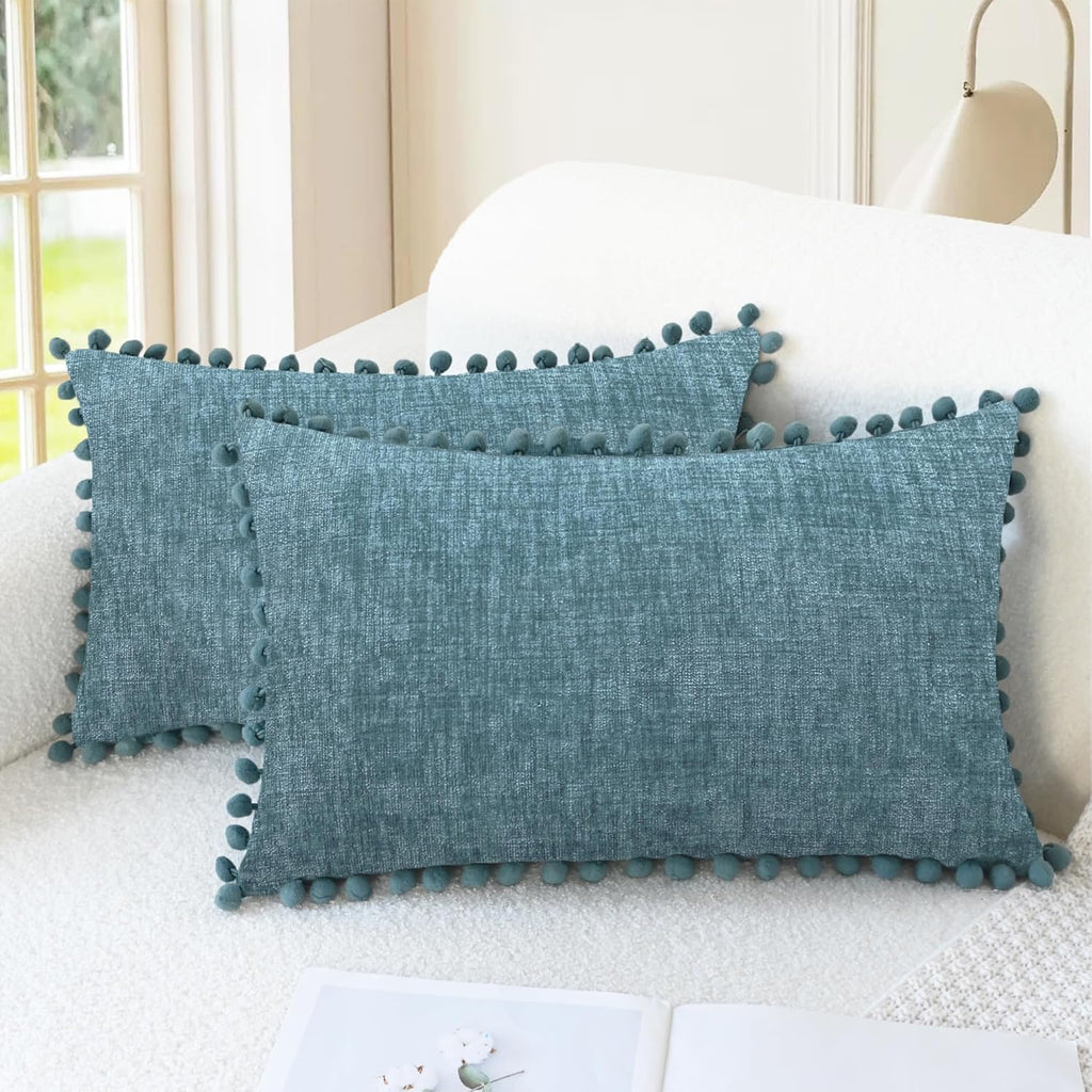 Apricot Brown Chenille Pillow Covers with Pom Poms