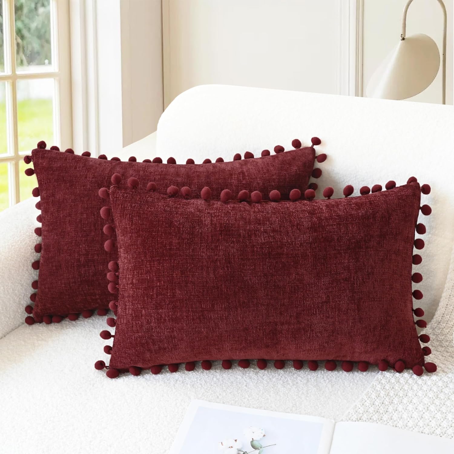Apricot Brown Chenille Pillow Covers with Pom Poms
