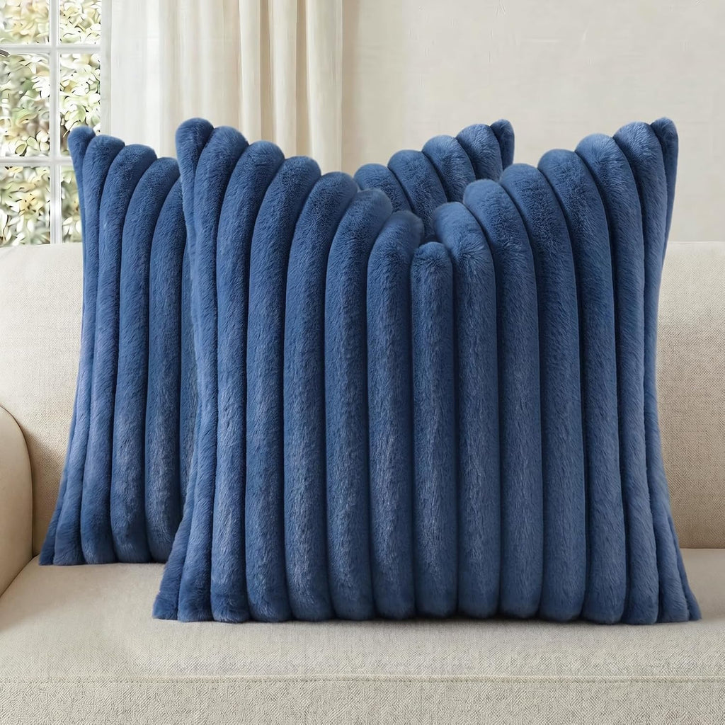 Cream White Striped Faux Fur Pillow Covers
