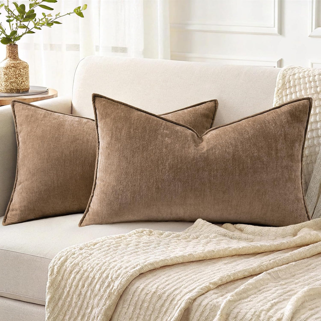 Beige Chenille Throw Pillow Covers Set of 2
