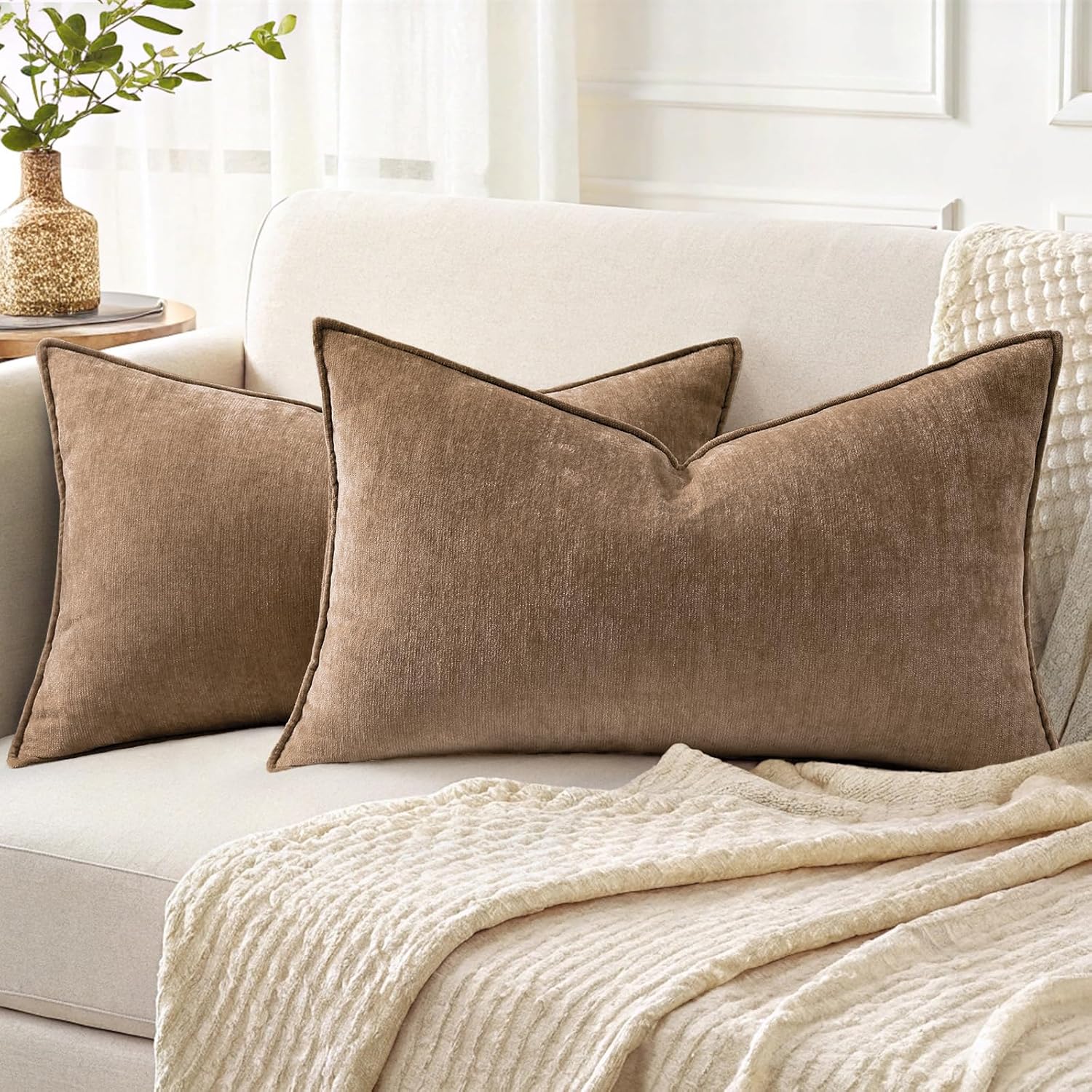 Beige Chenille Throw Pillow Covers Set of 2