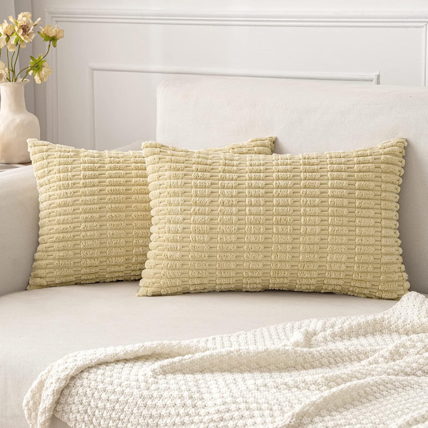 Cream White Boho Corduroy Striped Pillow Covers