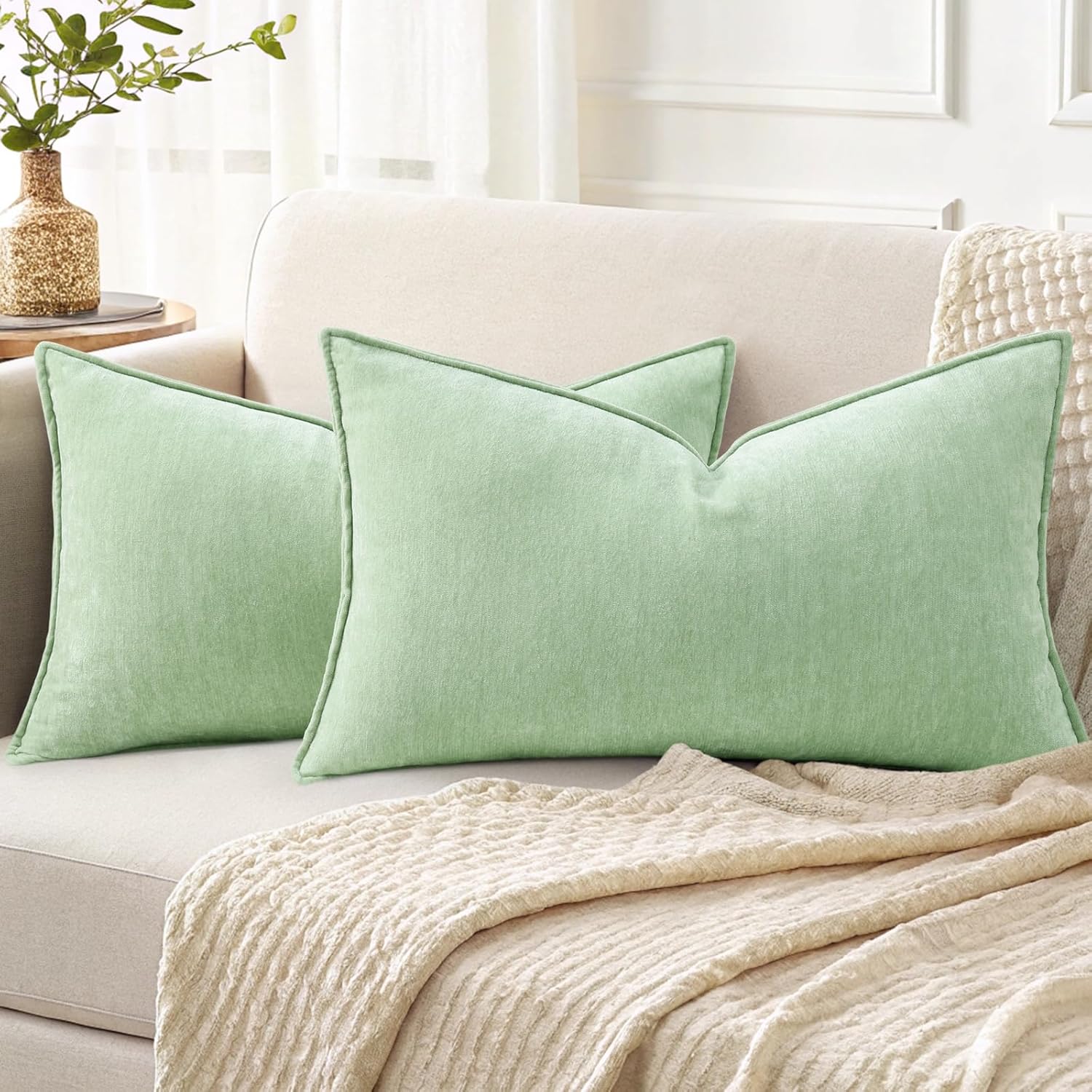 Beige Chenille Throw Pillow Covers Set of 2