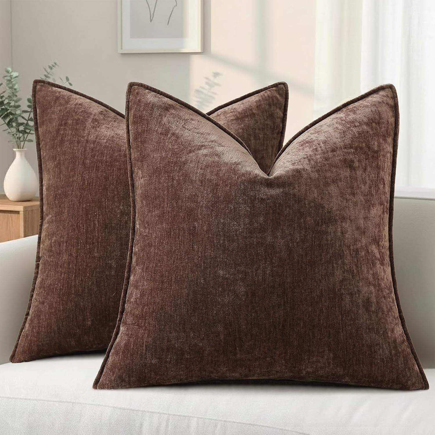 Beige Chenille Throw Pillow Covers Set of 2