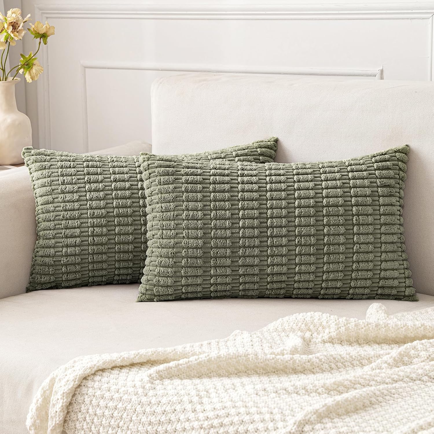 Cream White Boho Corduroy Striped Pillow Covers