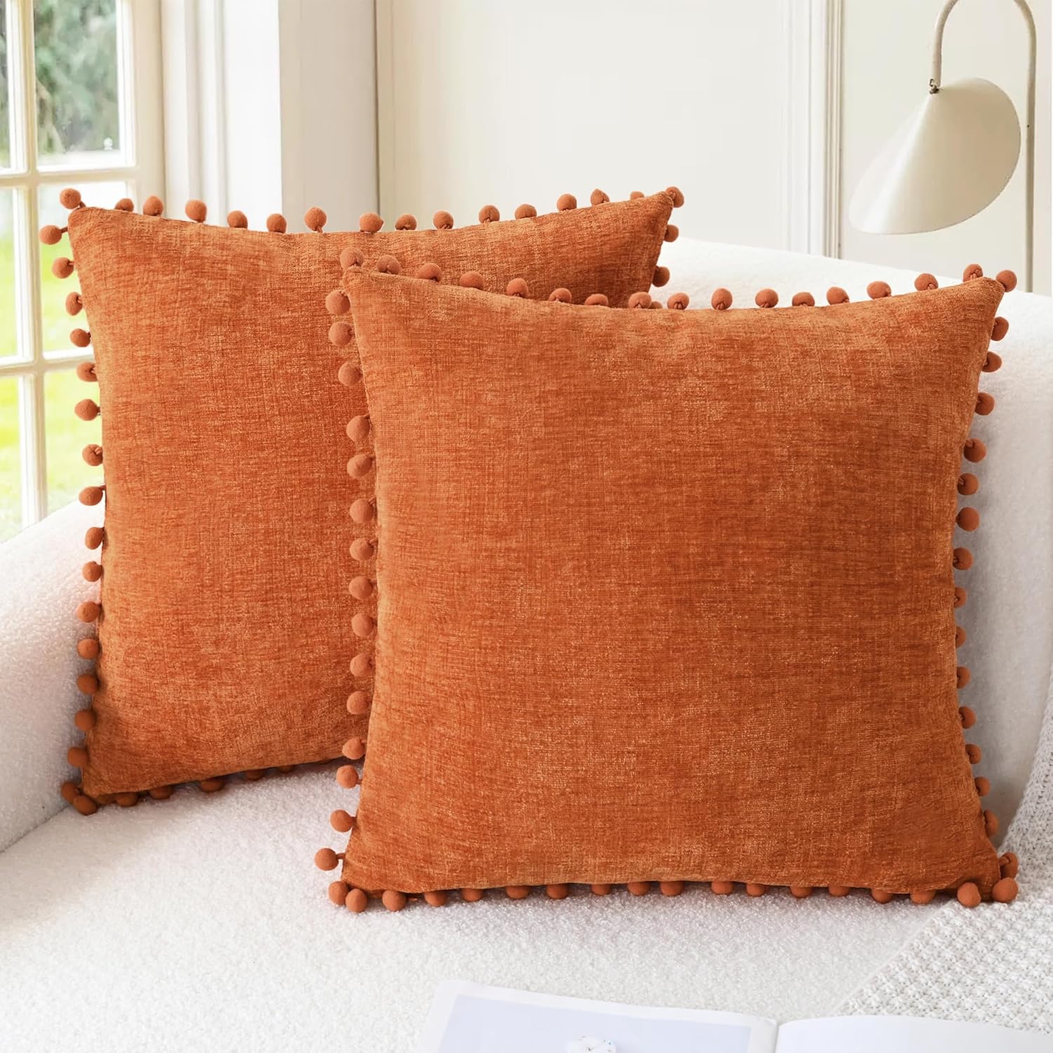 Apricot Brown Chenille Pillow Covers with Pom Poms