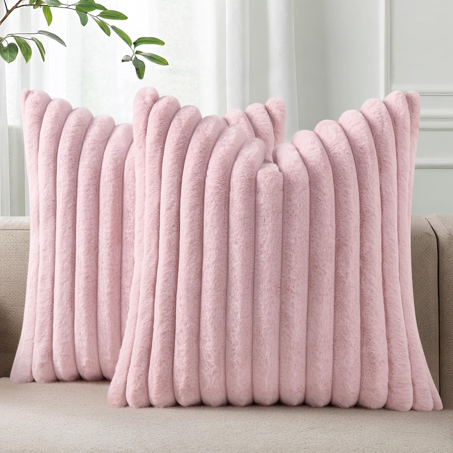 Cream White Striped Faux Fur Pillow Covers