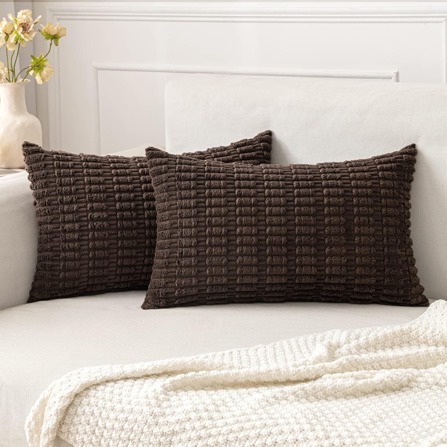 Cream White Boho Corduroy Striped Pillow Covers