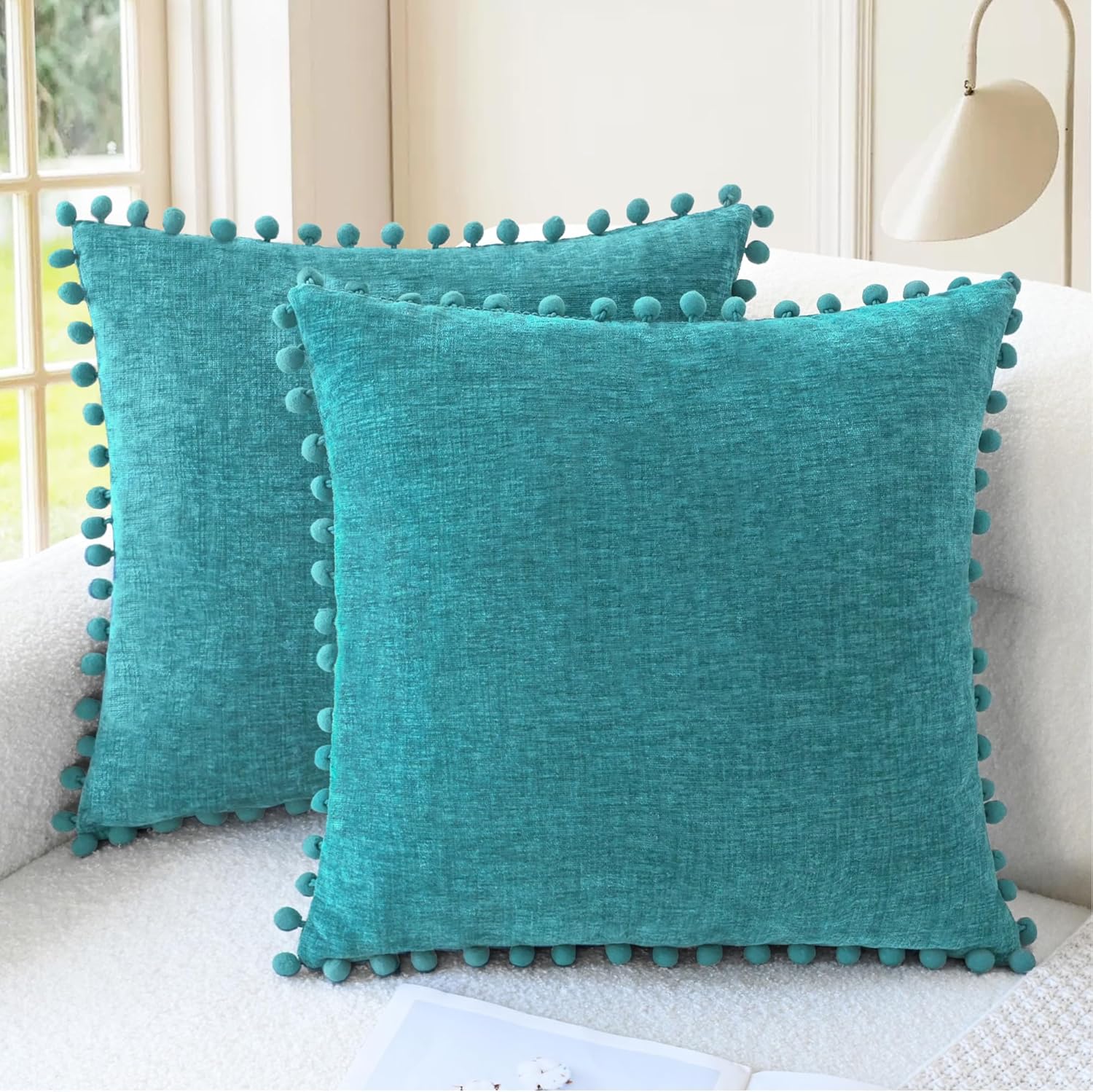 Apricot Brown Chenille Pillow Covers with Pom Poms