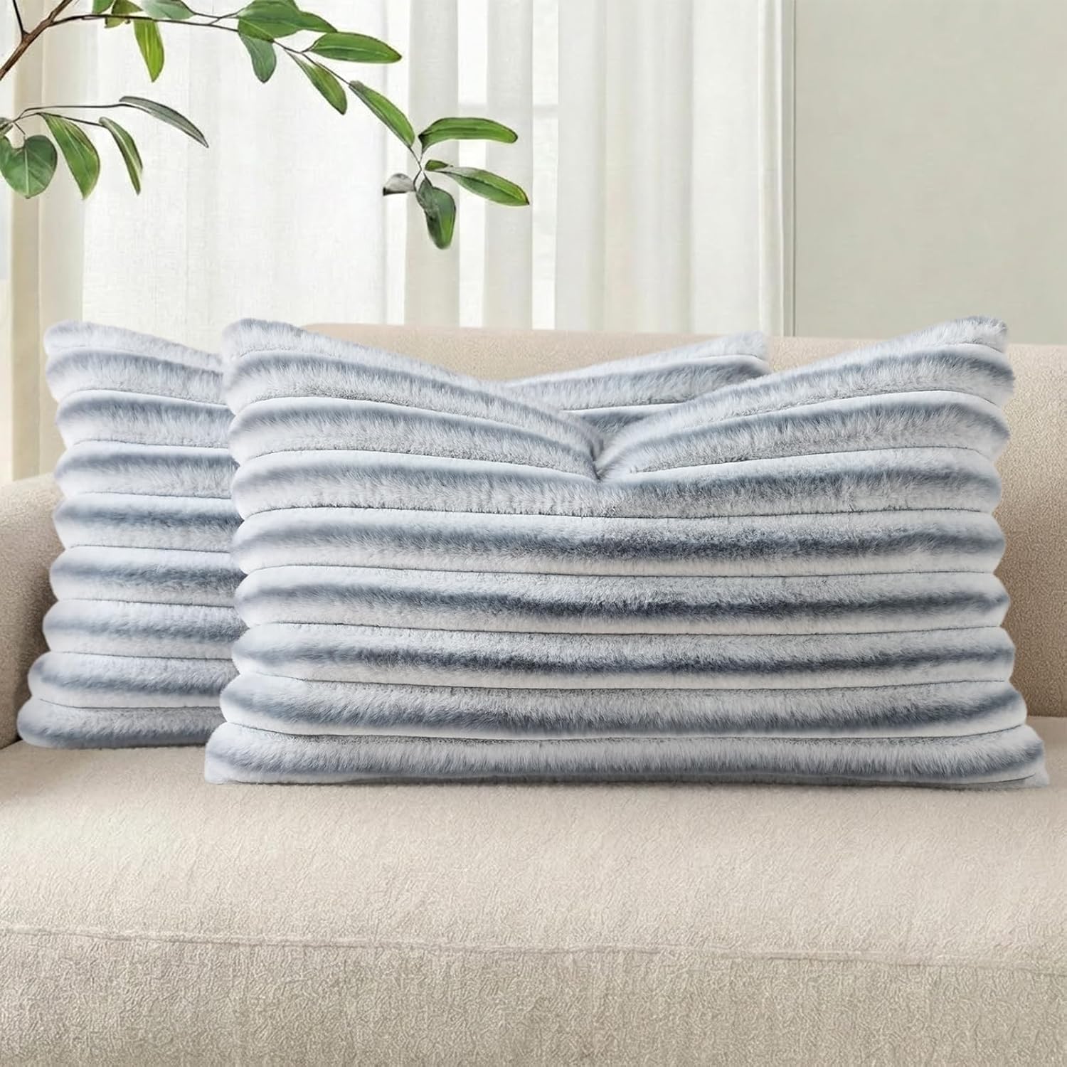 Cream White Striped Faux Fur Pillow Covers
