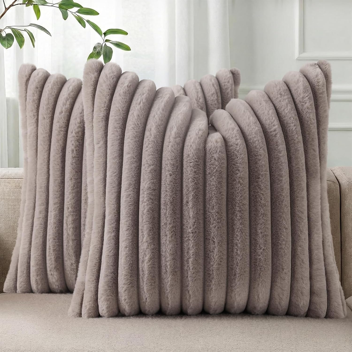 Cream White Striped Faux Fur Pillow Covers