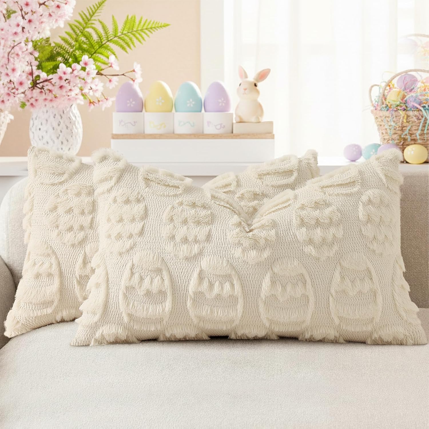 Beige Faux Wool Throw Pillow Covers Set of 2