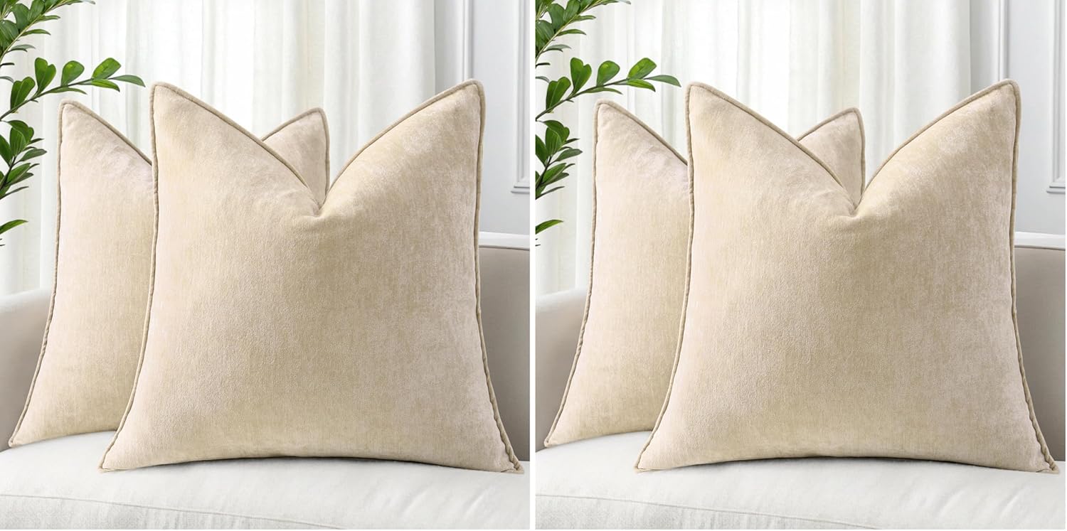 Beige Chenille Throw Pillow Covers Set of 2
