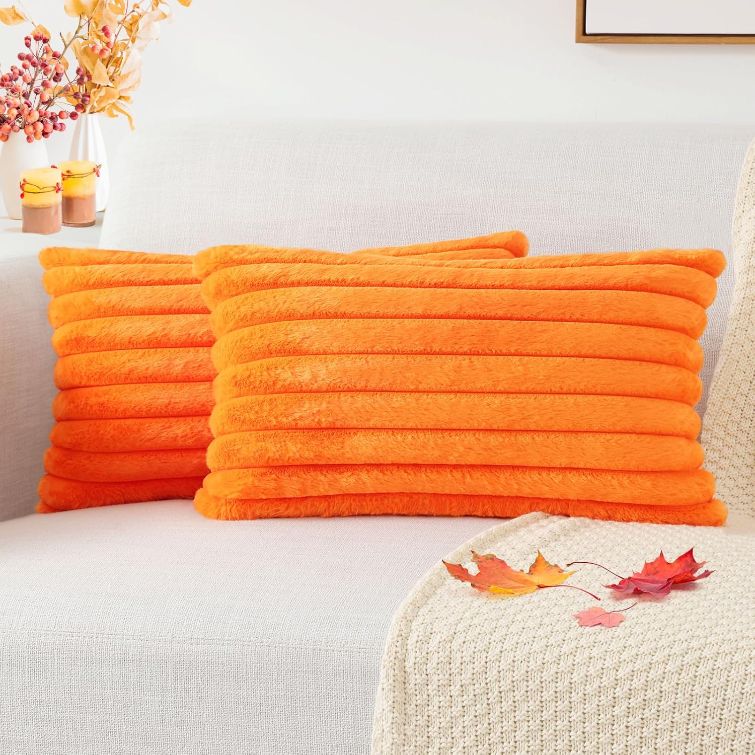 Cream White Striped Faux Fur Pillow Covers