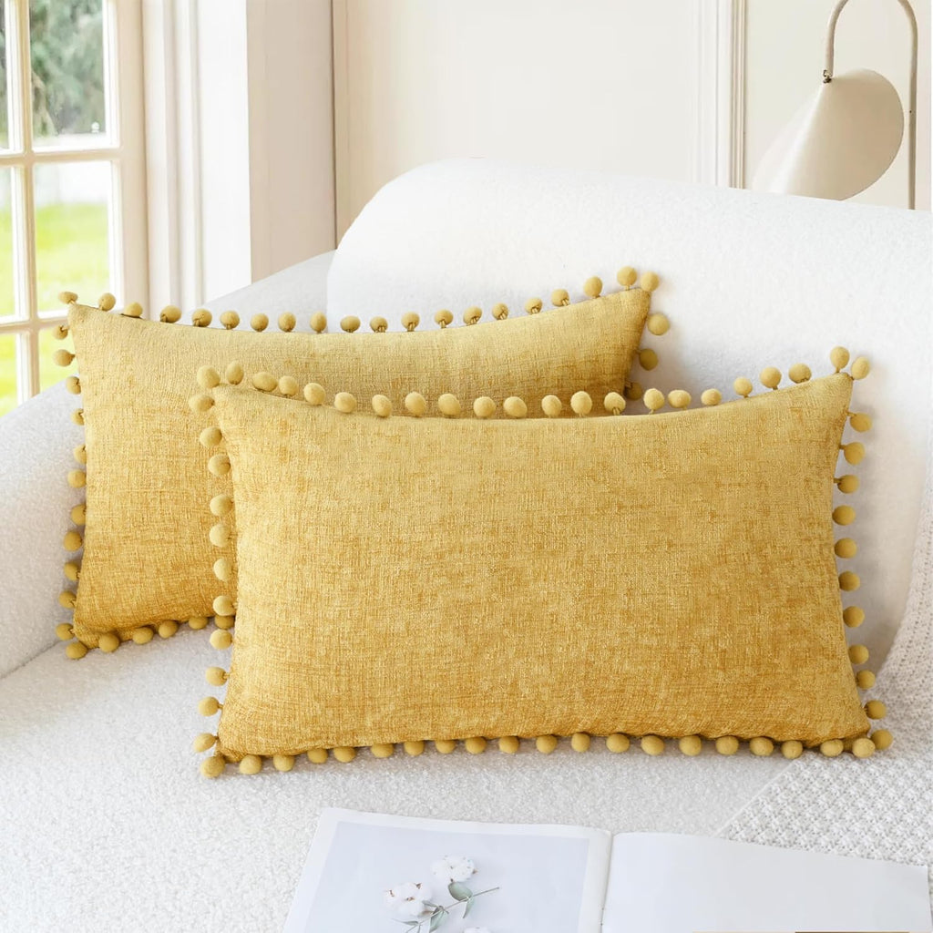 Apricot Brown Chenille Pillow Covers with Pom Poms