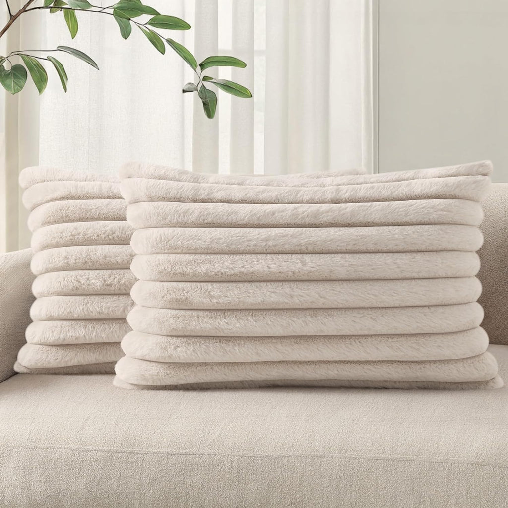 Cream White Striped Faux Fur Pillow Covers