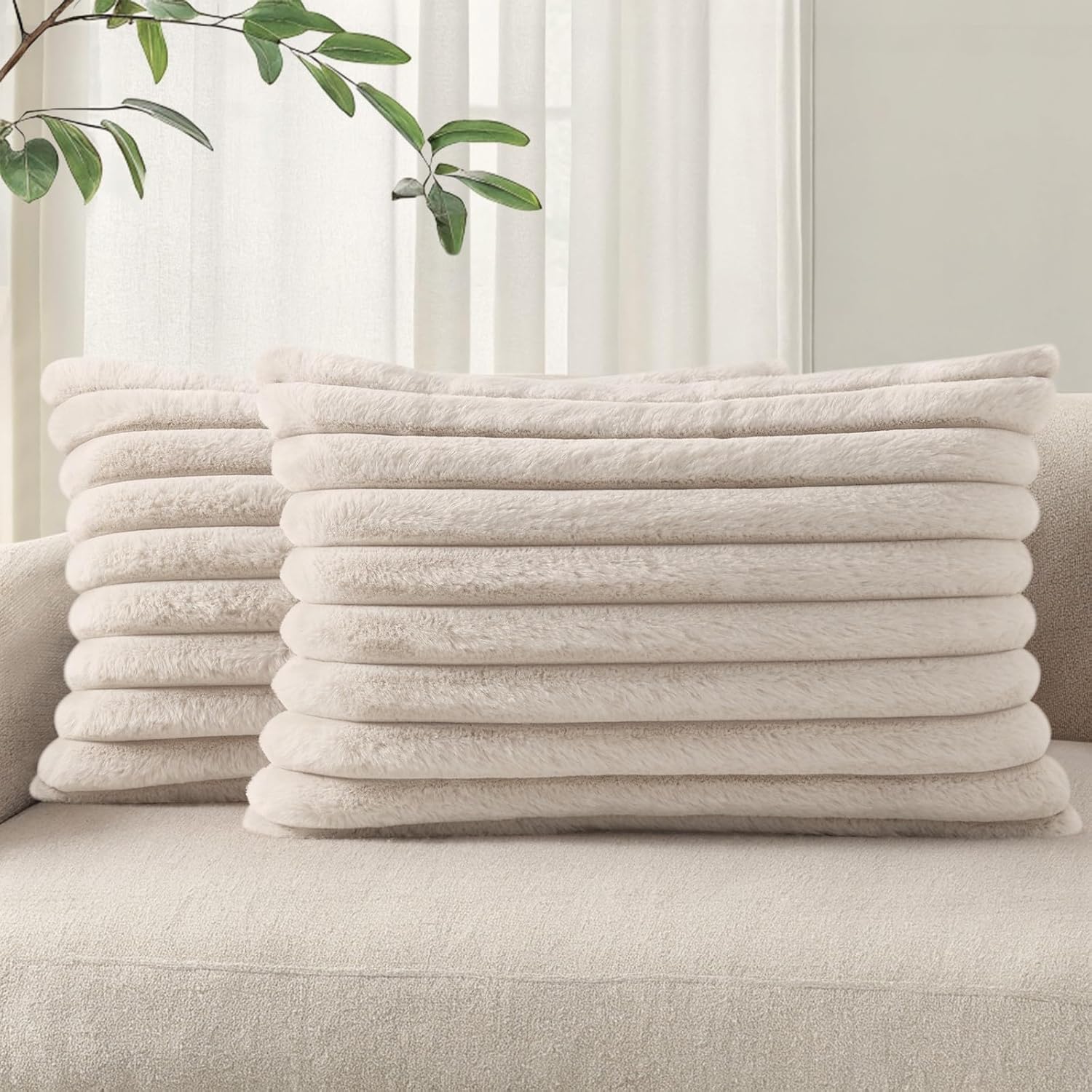 Cream White Striped Faux Fur Pillow Covers