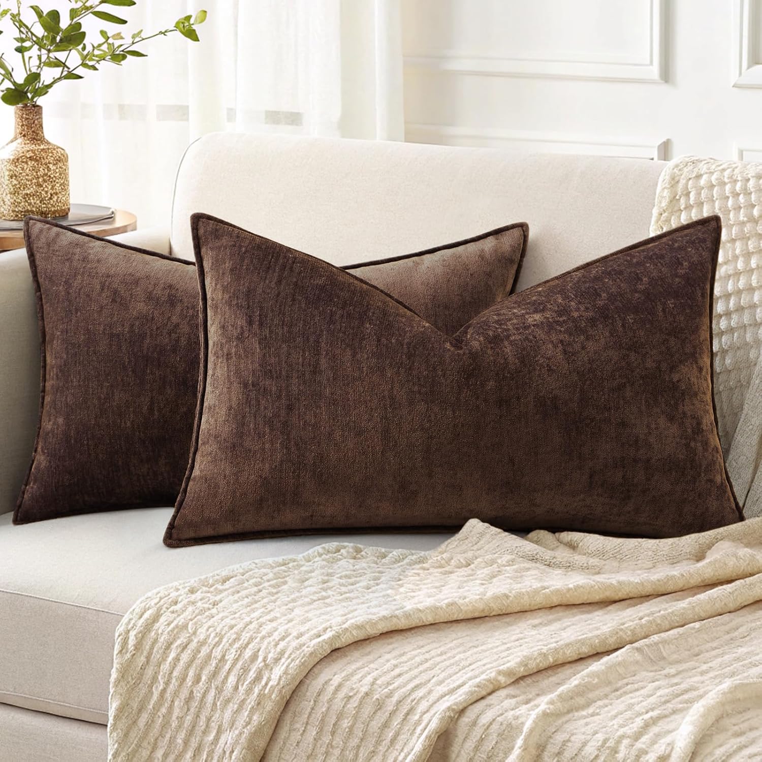 Beige Chenille Throw Pillow Covers Set of 2