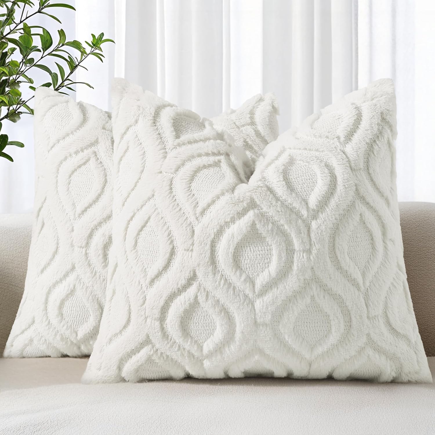 Beige Faux Wool Throw Pillow Covers Set of 2