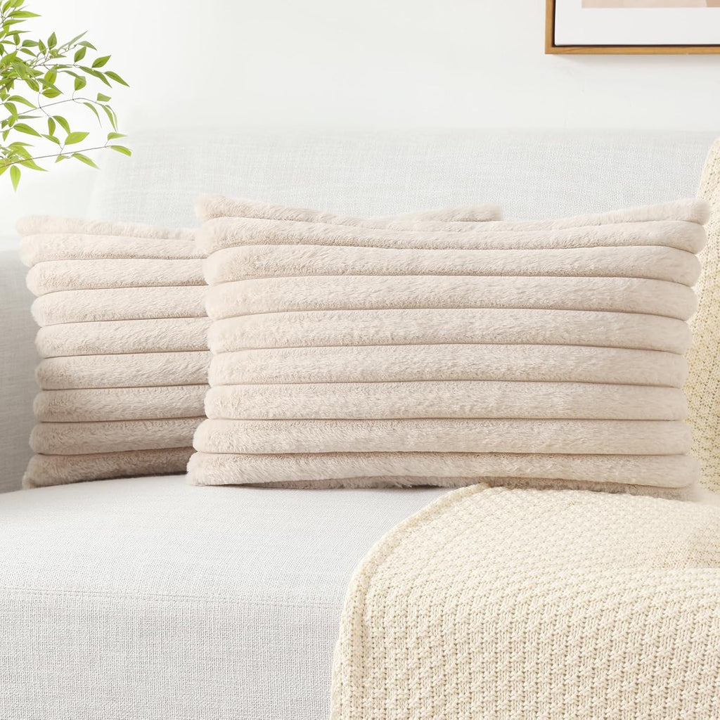 Cream White Striped Faux Fur Pillow Covers