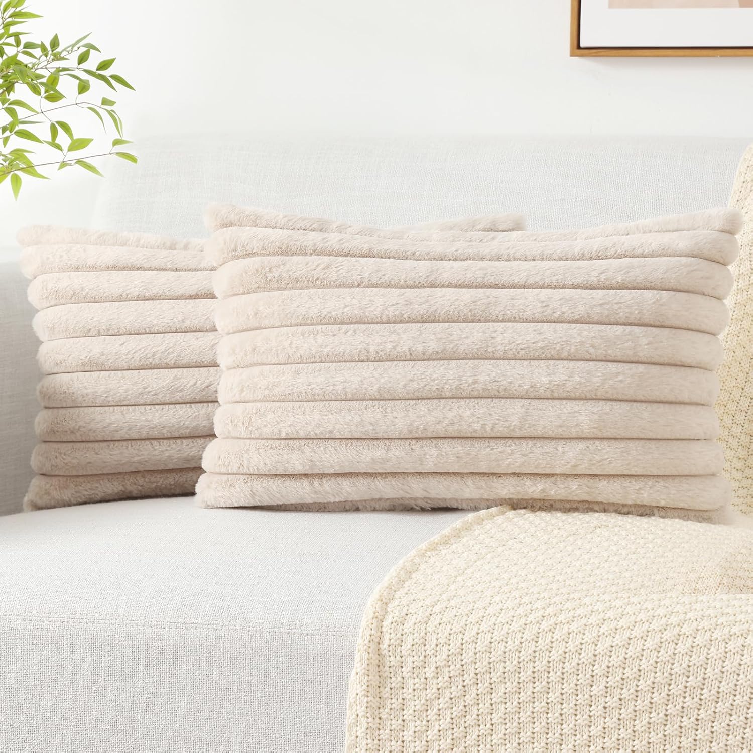 Cream White Striped Faux Fur Pillow Covers
