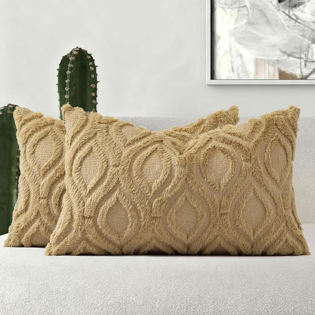 Beige Faux Wool Throw Pillow Covers Set of 2