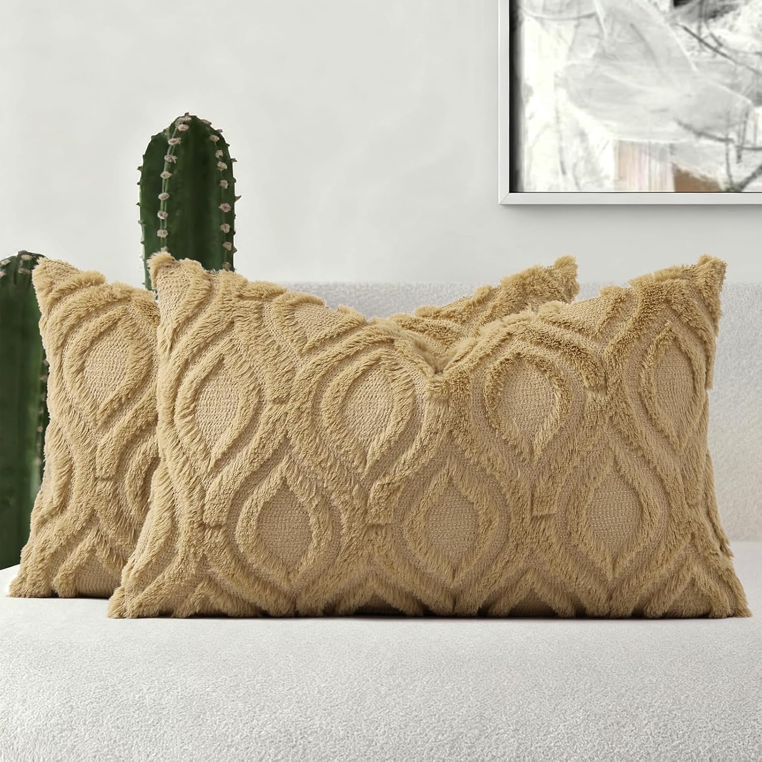 Beige Faux Wool Throw Pillow Covers Set of 2