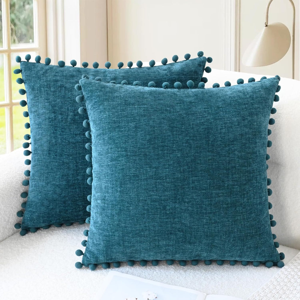 Apricot Brown Chenille Pillow Covers with Pom Poms