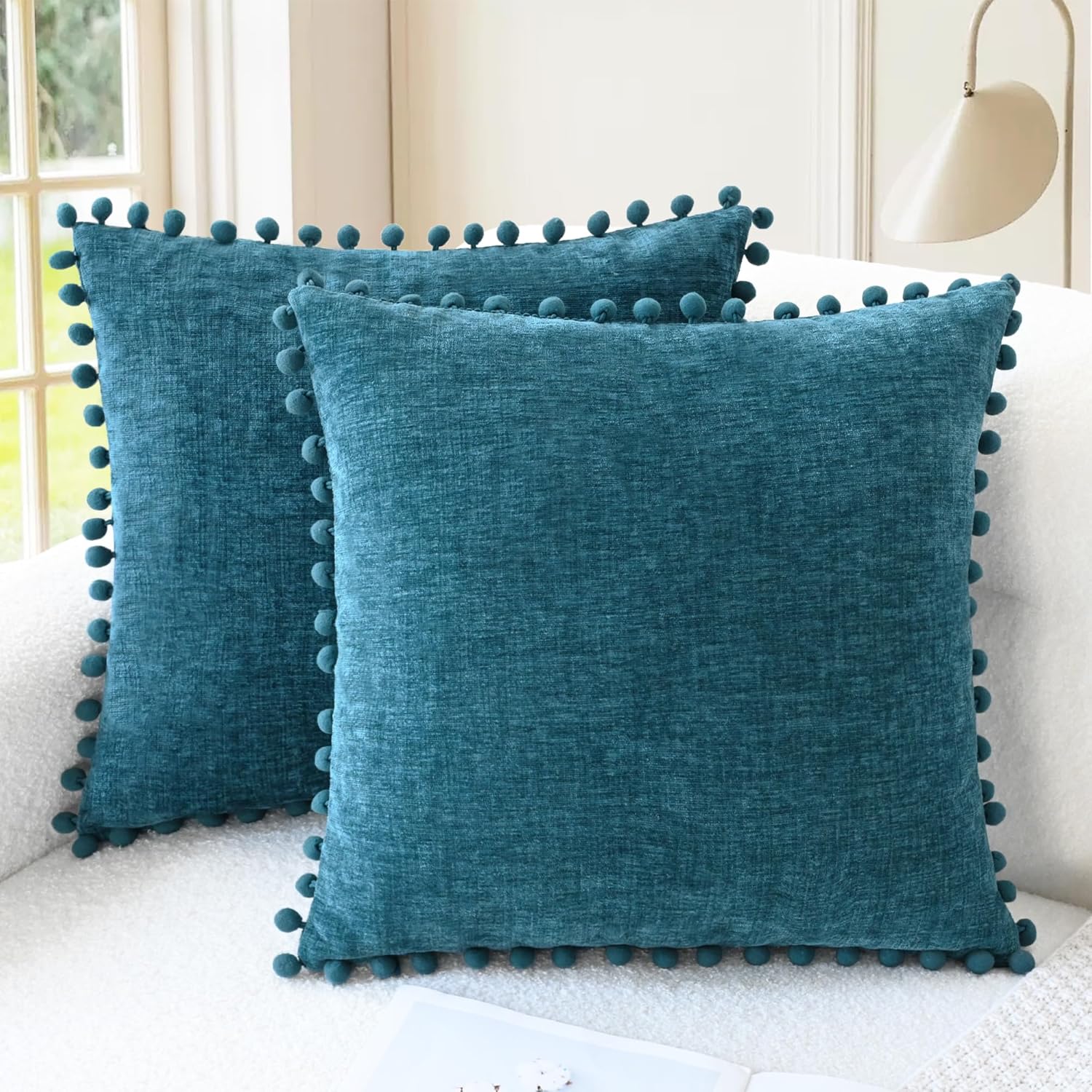 Apricot Brown Chenille Pillow Covers with Pom Poms