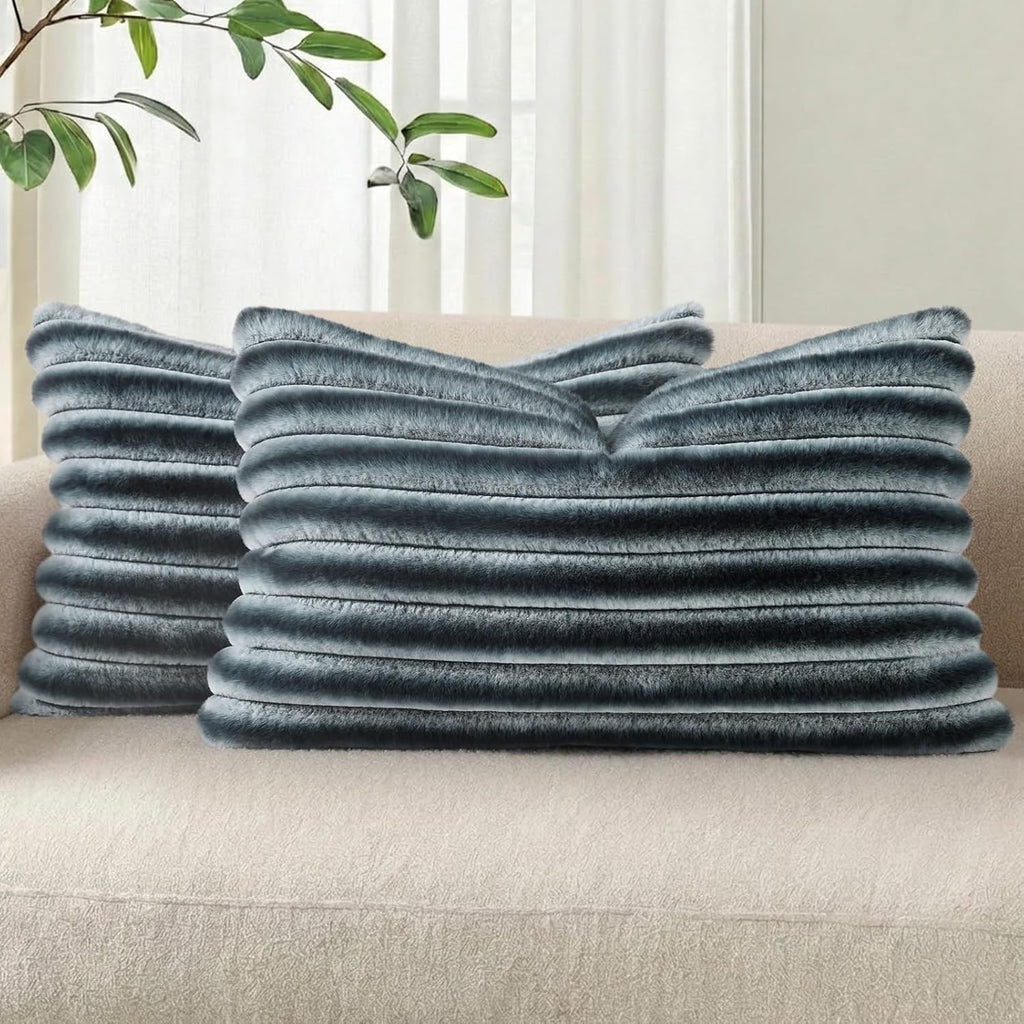 Cream White Striped Faux Fur Pillow Covers