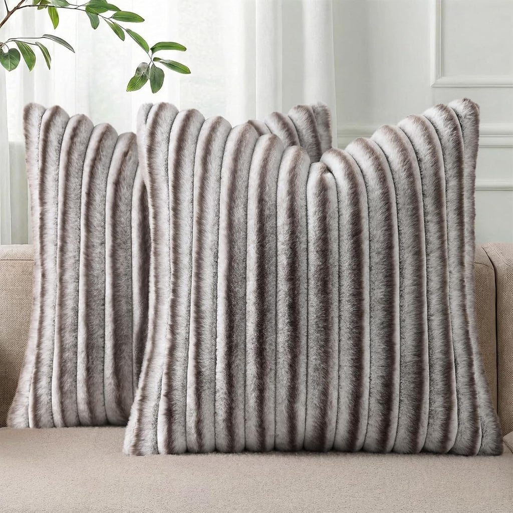 Cream White Striped Faux Fur Pillow Covers