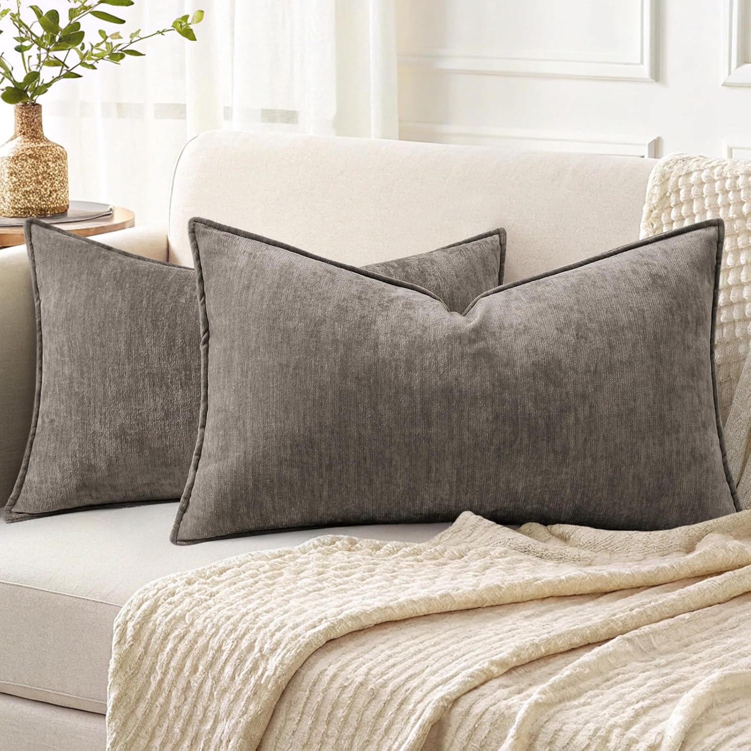 Beige Chenille Throw Pillow Covers Set of 2