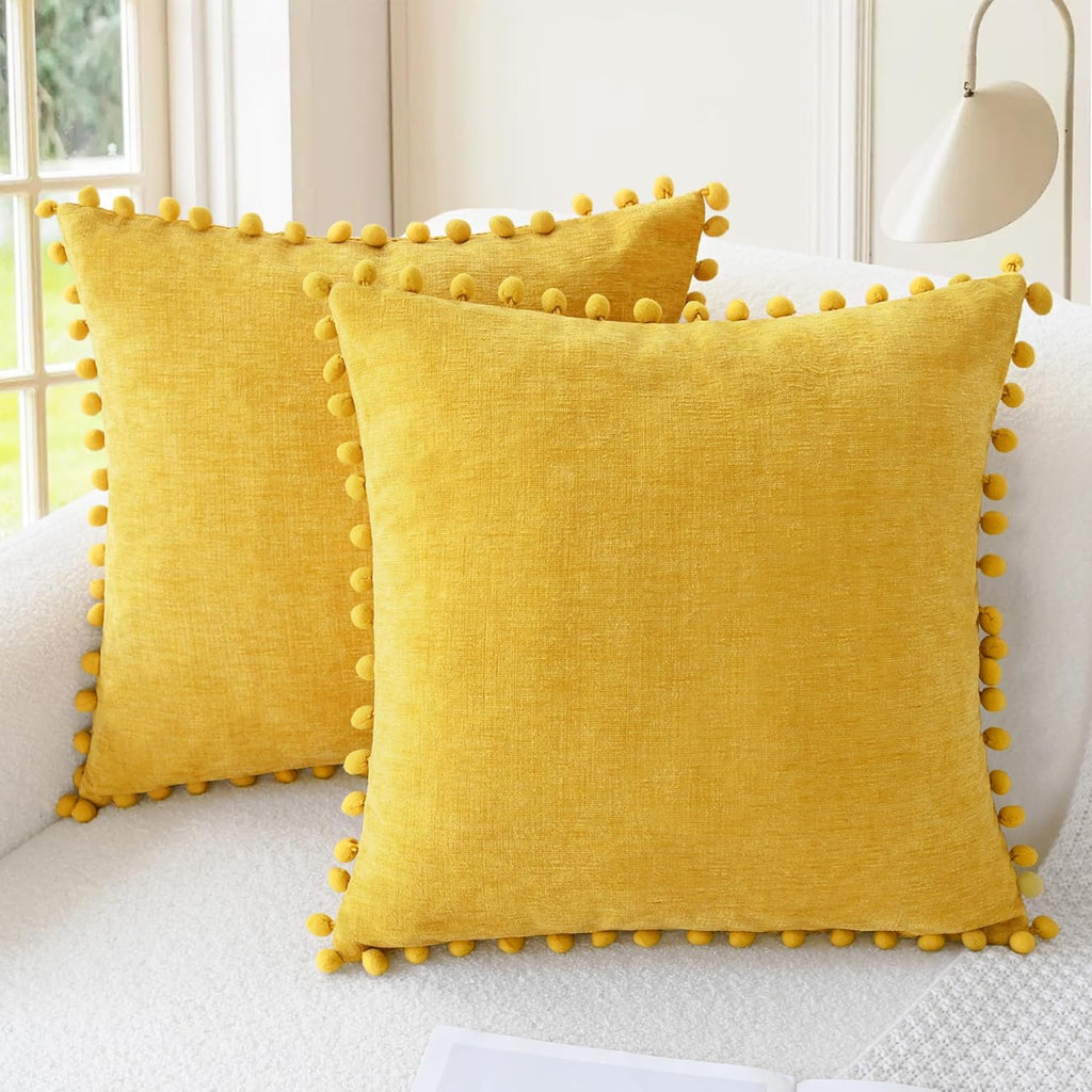 Apricot Brown Chenille Pillow Covers with Pom Poms