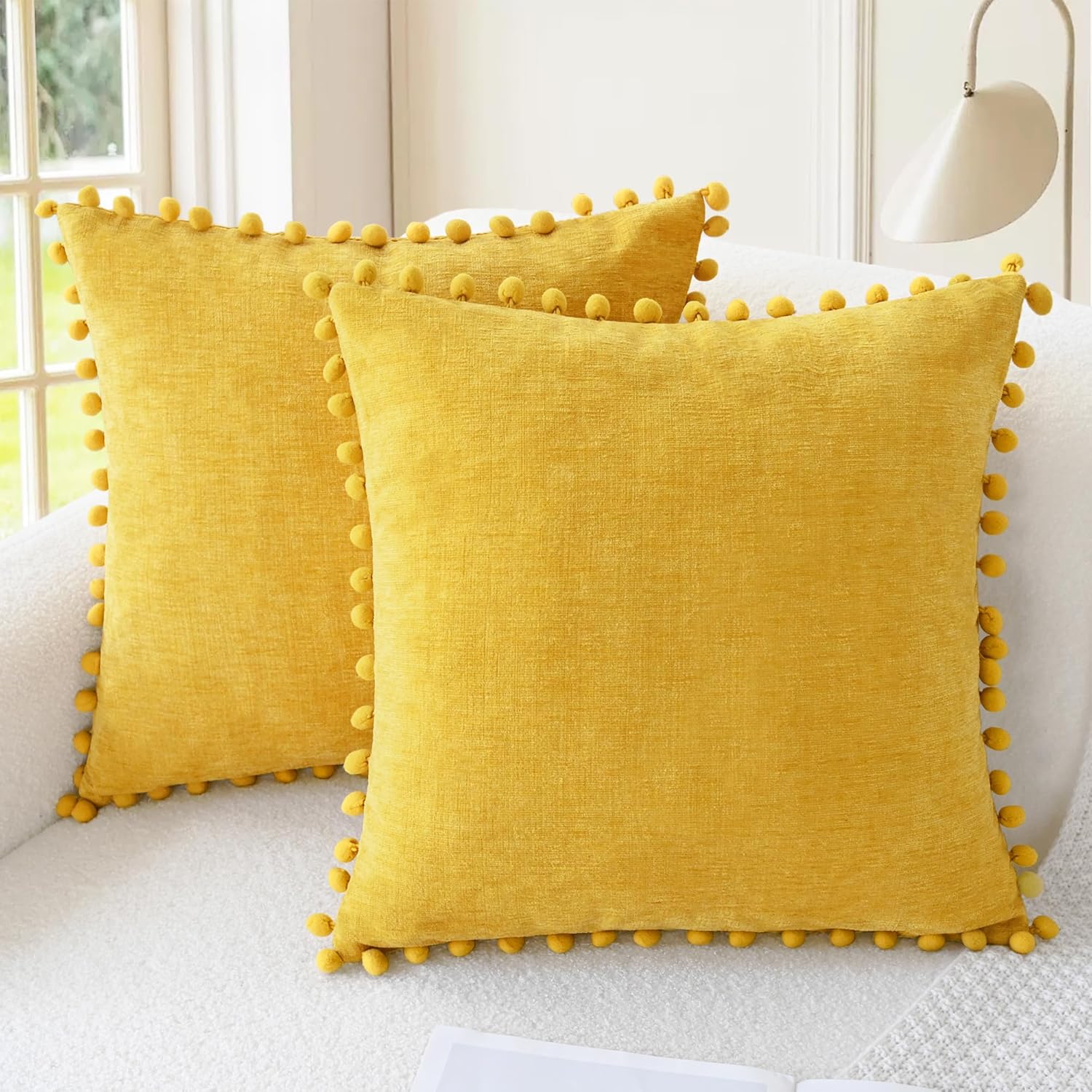 Apricot Brown Chenille Pillow Covers with Pom Poms