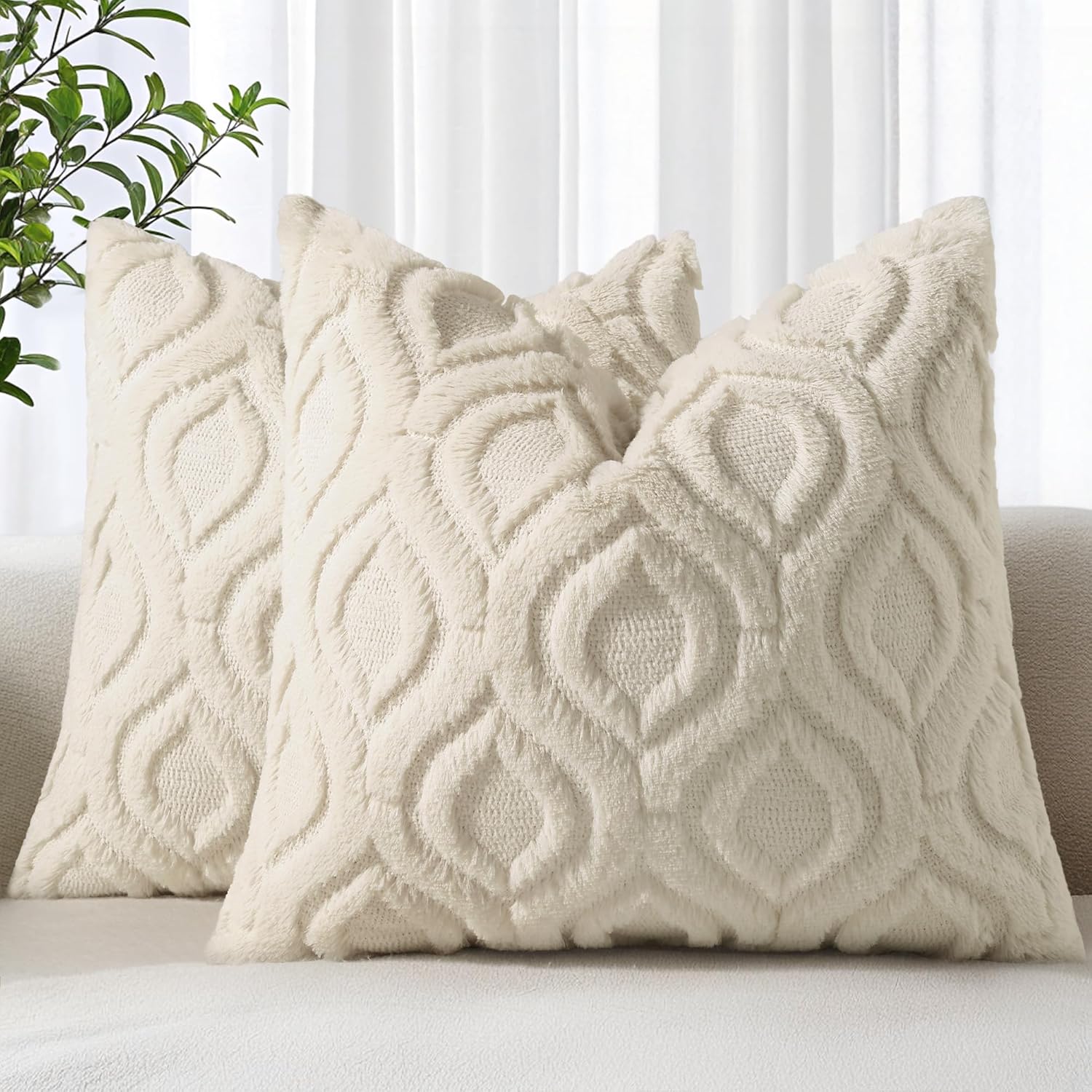 Beige Faux Wool Throw Pillow Covers Set of 2