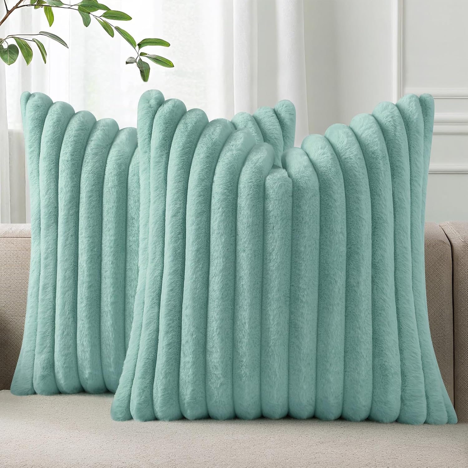 Cream White Striped Faux Fur Pillow Covers