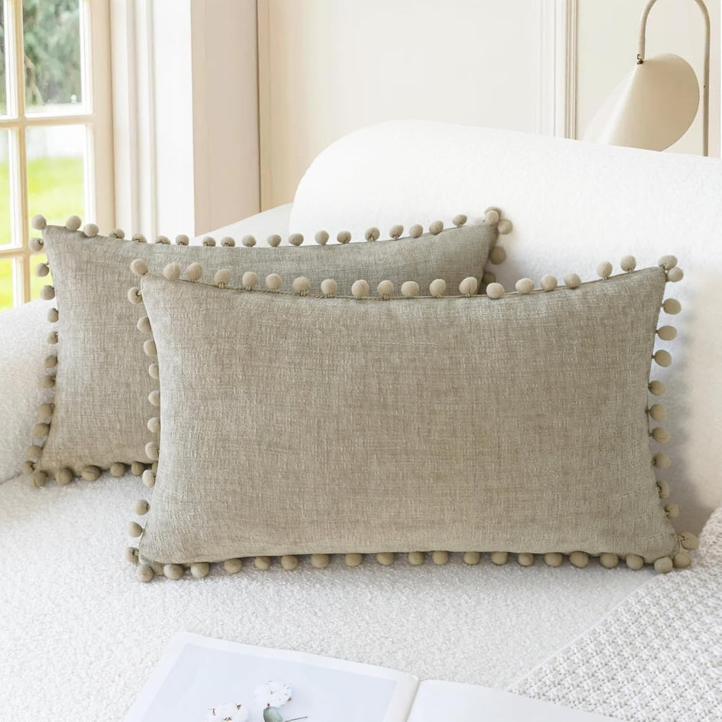 Apricot Brown Chenille Pillow Covers with Pom Poms