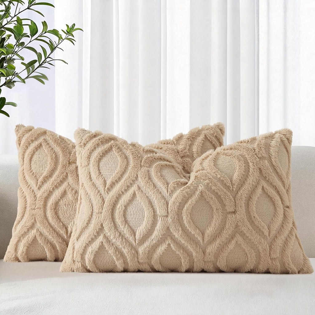 Beige Faux Wool Throw Pillow Covers Set of 2