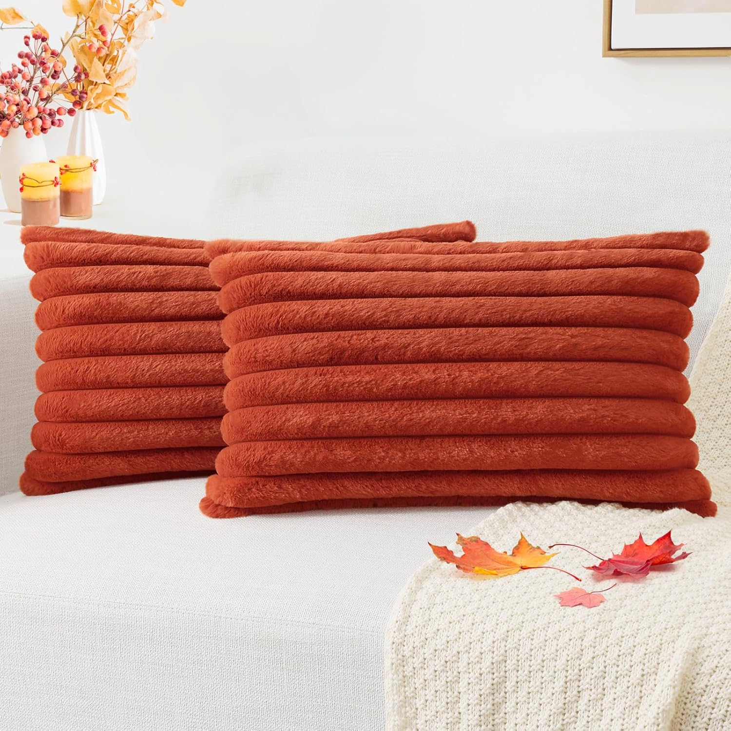 Cream White Striped Faux Fur Pillow Covers