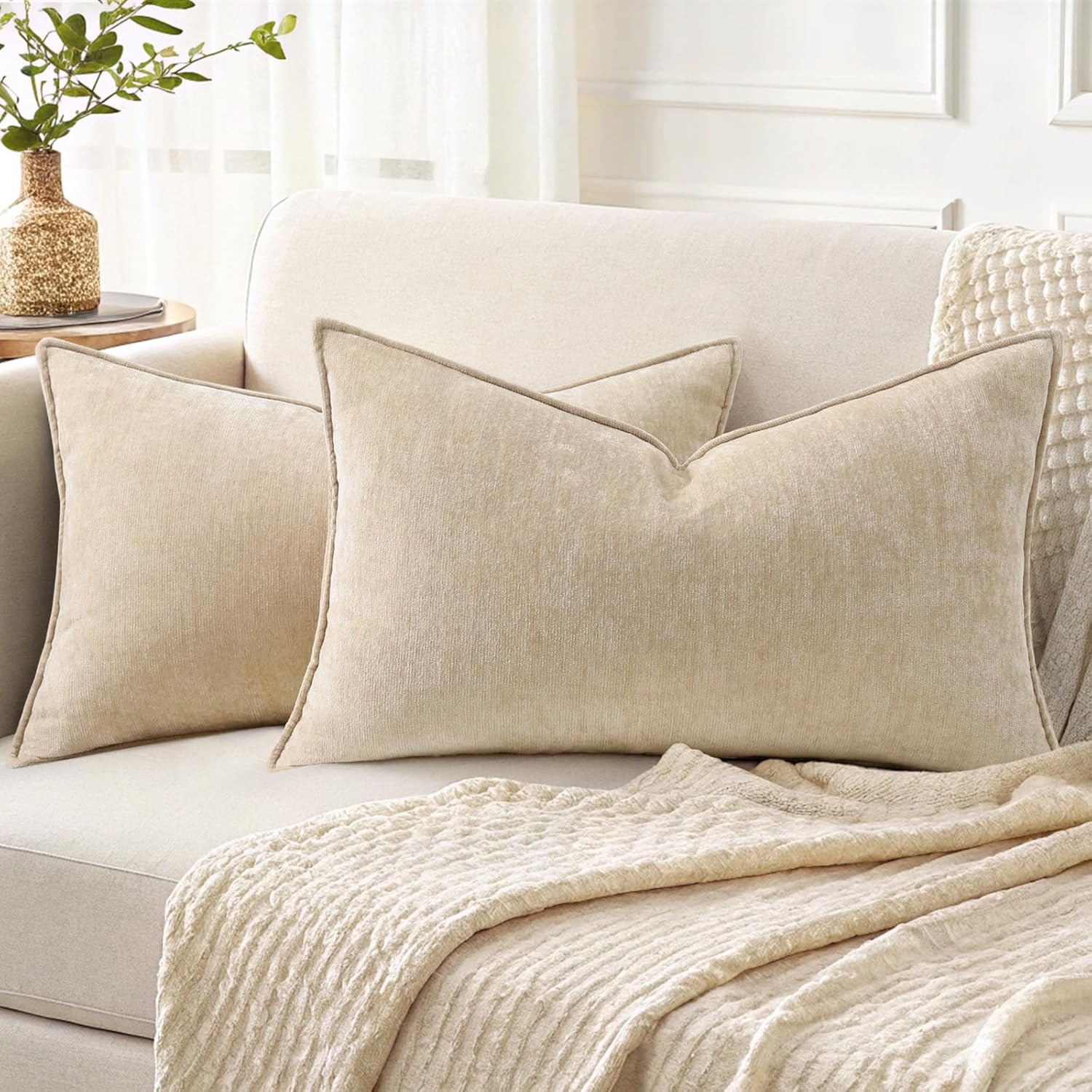 Beige Chenille Throw Pillow Covers Set of 2