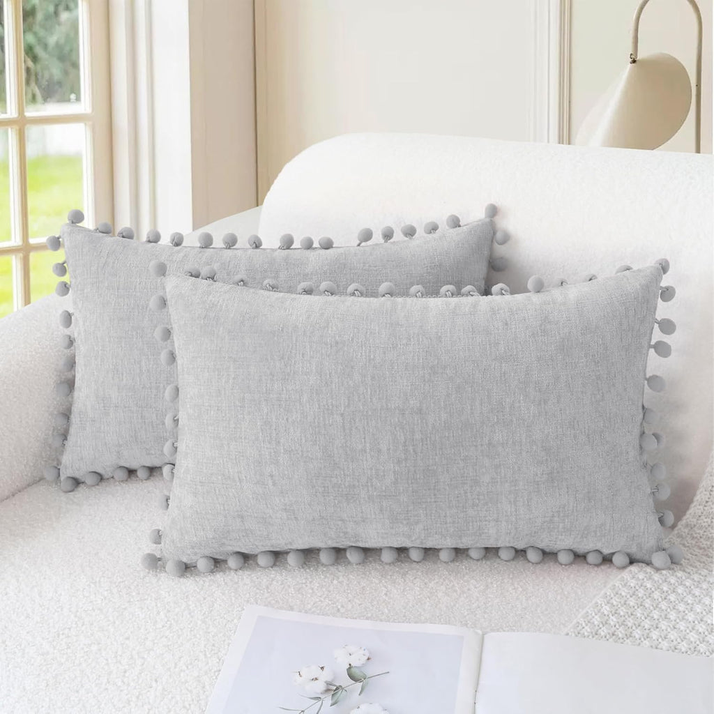 Apricot Brown Chenille Pillow Covers with Pom Poms