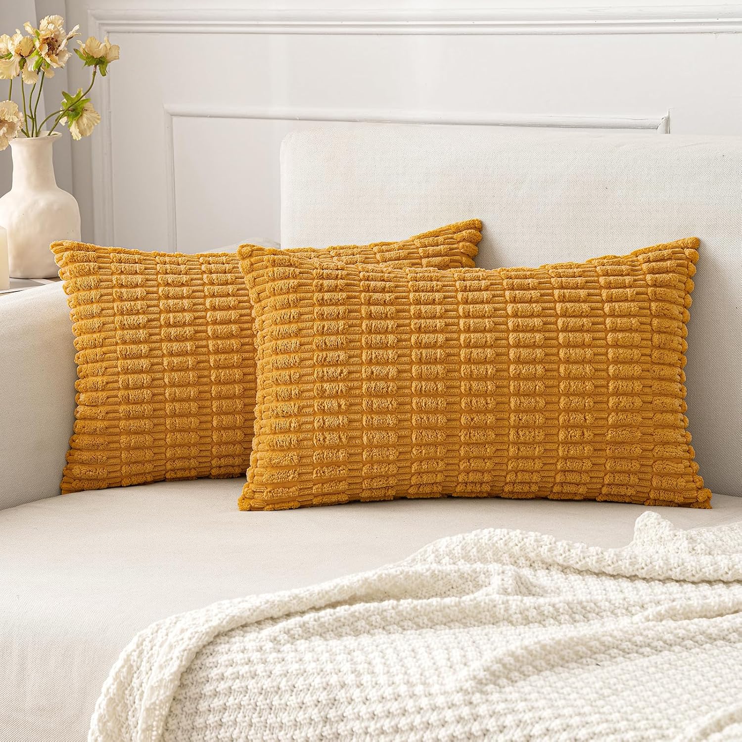 Cream White Boho Corduroy Striped Pillow Covers