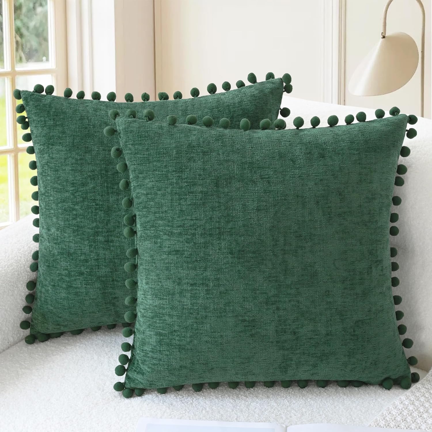Apricot Brown Chenille Pillow Covers with Pom Poms