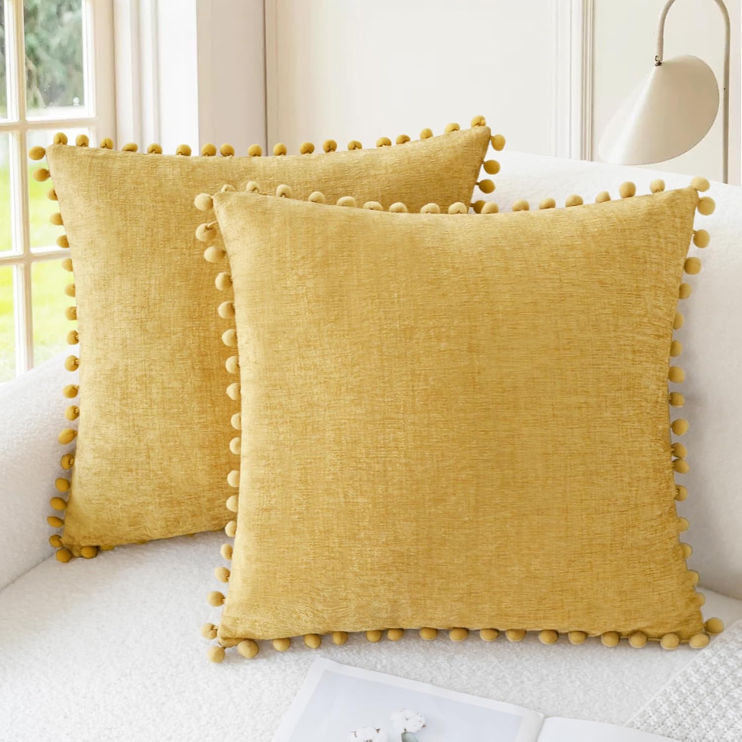 Apricot Brown Chenille Pillow Covers with Pom Poms