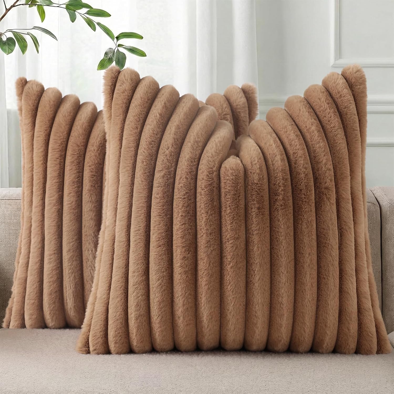 Cream White Striped Faux Fur Pillow Covers