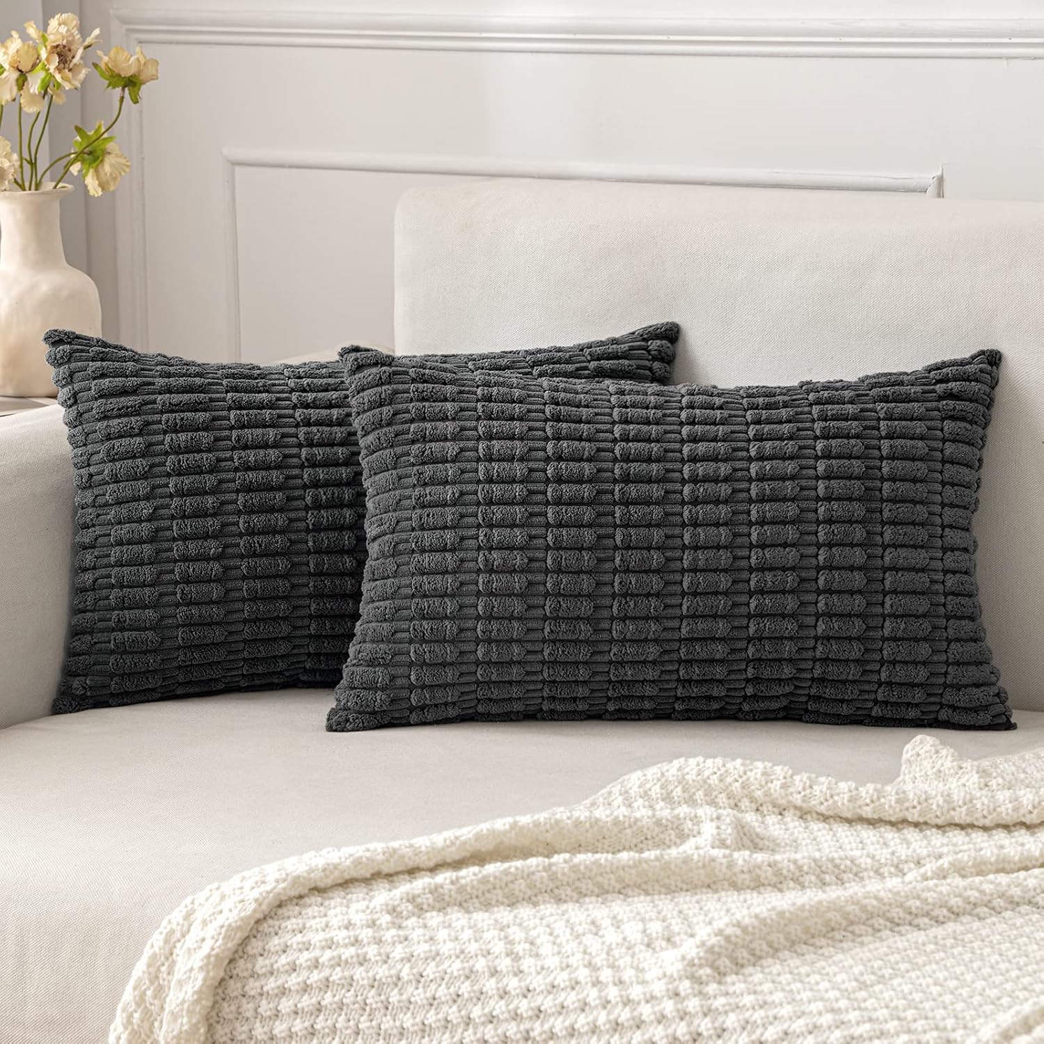 Cream White Boho Corduroy Striped Pillow Covers