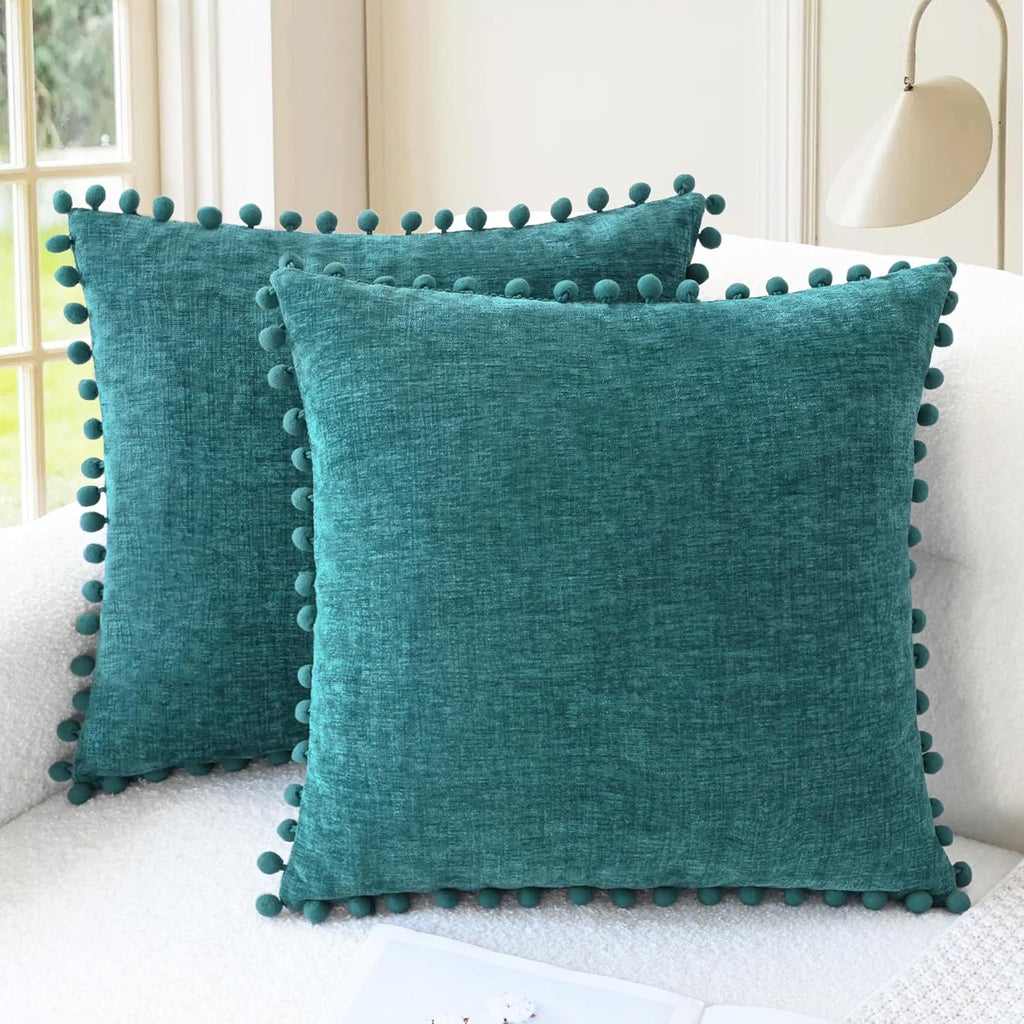 Apricot Brown Chenille Pillow Covers with Pom Poms
